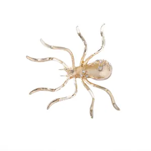 Detail of a gold spider brooch with sparkling rhinestones and long metal legs