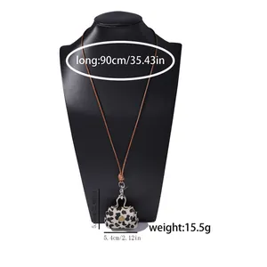 Detailed size view of retro leopard print pouch pendant necklace with 90cm leather cord