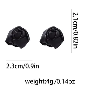 Detail showing dimensions of black leather rose earrings with 2.3cm width and 2.1cm height
