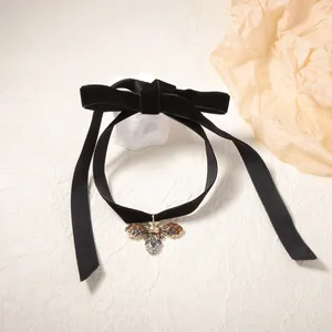 Vintage Alloy Rhinestone Bee Pendant Black Velvet Choker Necklace Elegant Long Ribbon Neck Chain For Women Jewelry
