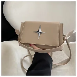 Dettaglio della borsa a tracolla rettangolare beige con fibbia a stella argento
