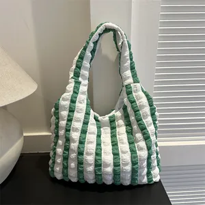Puffy Popcorn Bubble Tote Bag Women Large Capacity Seersucker Striped Shoulder Bag Minimalist Casual Handbag Shopping Bag