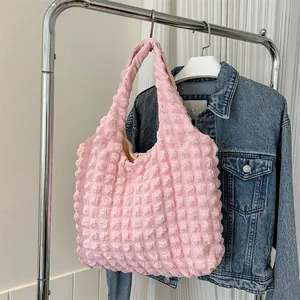 Women Fashion Popcorn Bubble Texture Tote Bag Large Capacity Minimalist Pleated Shoulder Bag Casual Commuter Handbag