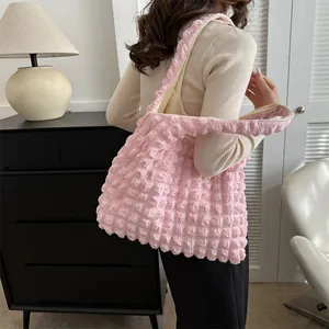 Pink bubble texture shoulder bag with stylish pleated design for women daily use