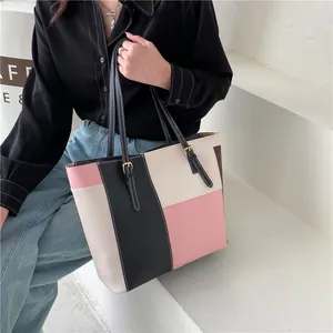 Fashion Patchwork PU Leather Tote Bag For Women Geometric Contrast Color Shoulder Bag With Large Capacity Daily Commute Handbag