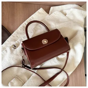 Detail of dark brown retro square crossbody bag with gold metal rotary lock buckle