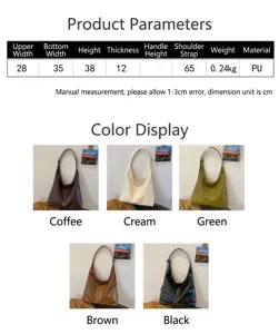Tableau des tailles et dimensions pour grand sac cabas en similicuir en cinq couleurs