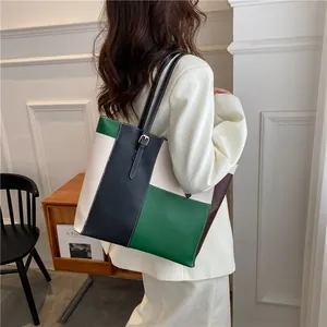 Fashion patchwork PU leather tote bag with geometric candy colors and shoulder strap