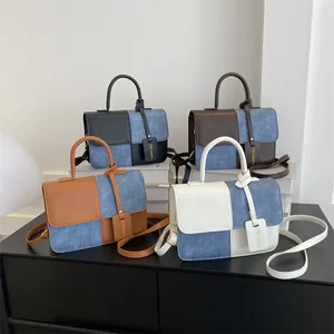 Borsa a Tracolla Donna Fashion Blocchi di Colore Retro Pelle PU Denim Patchwork Borsa a Mano Per Uso Quotidiano