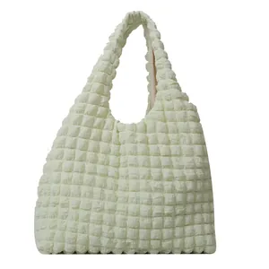 Light green popcorn texture shoulder bag with soft pleated design for daily casual wear