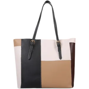 Fashion patchwork tote bag for women in color block PU leather with adjustable strap