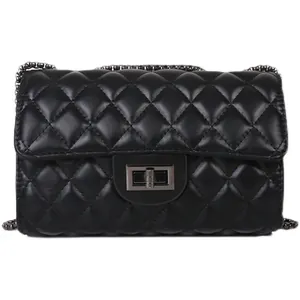 Classic black quilted chain bag with diamond patterns and metallic twist lock for women