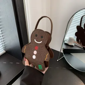 Sac Fourre-Tout en Feutre Bonhomme de Pain d'Épices de Noël Broderie Dessin Animé Sac à Bonbons de Fête pour Enfants Femmes