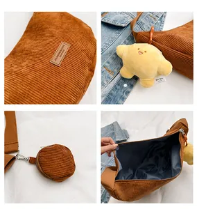 Brown corduroy hobo bag details showing soft texture, inner lining and mini pouch accessory