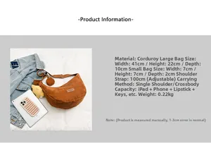 Detailed dimensions of brown corduroy crescent bag with adjustable strap and small coin purse