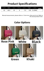 Detaillierte Größentabelle und Farboptionen für die minimalistische quadratische Tasche