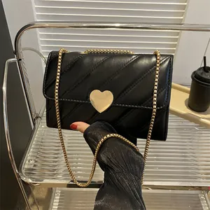 Women Fashion Quilted Heart Shaped Lock Chain Shoulder Bag Faux Leather Small Square Crossbody Bag For Daily Office