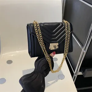 Women V Quilted PU Leather Shoulder Bag Small Square Chain Crossbody Handbag Gold Lock Fashion Daily Casual Bag