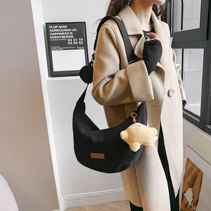 Large black corduroy crescent crossbody bag with star charm and coin purse for women