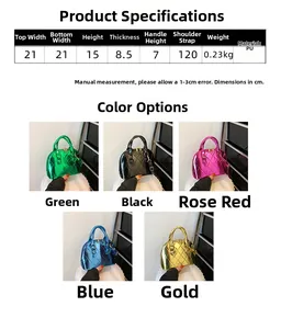 Detailed size chart and multi-color options for metallic PU leather shell bag