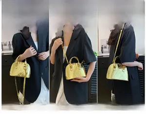 Gold patent shell bag detail showing three ways to wear: handbag, shoulder, and crossbody