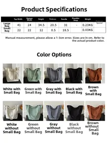 Tabla de tallas y detalles del bolso tote de pana en varios colores modernos