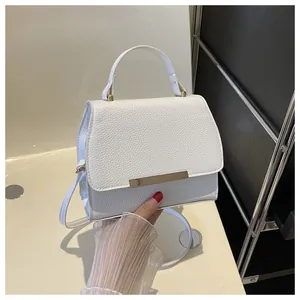 Weiße kleine Quadrat-Tasche aus Leder mit Goldleiste und elegantem Griff