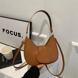 Women Fashion PU Leather Half Moon Hobo Bag With Heart LOVE Embossed Flip Cover Crossbody Shoulder Handbag For Everyday