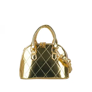 Glossy golden shell bag with quilted rhombic pattern and adjustable shoulder strap
