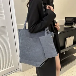 Blaues Cord-Tote-Bag-Set mit passender kleiner Tasche, große Damen-Schultertasche aus Cord