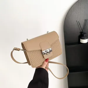Women Fashion PU Leather Small Square Bag Woven Texture Shoulder Crossbody Bag With Metal Ring Rivet Elegant Daily Handbag