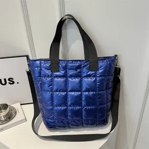 Women Metallic Quilted Tote Bag Large Capacity Puffer Shoulder Crossbody Handbag With Detachable Strap Fashion Tote Bag