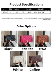 Detailed size chart and specifications for quilted crossbody bag with chain strap