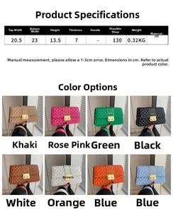 Detailed size specifications and multi-color palette for quilted chain square shoulder bags