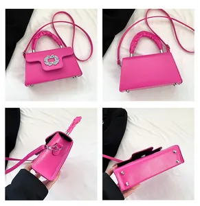 Detailed views of fuchsia crossbody bag with rhinestone buckle and pleated handle