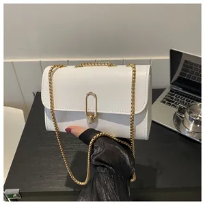 Detail of white leather shoulder bag with gold oval buckle and fine chain strap