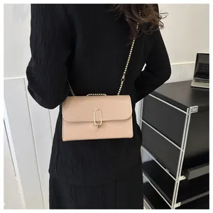 Detail of a beige minimalist square crossbody bag with gold chain and oval metal buckle