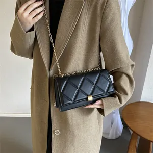 Minimalist black quilted crossbody bag with gold chain strap styled on a wool coat