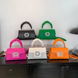 Fashion PU Leather Rhinestone Buckle Small Square Bag Ruched Handle Women Crossbody Shoulder Handbag Party Elegant Lady Bag