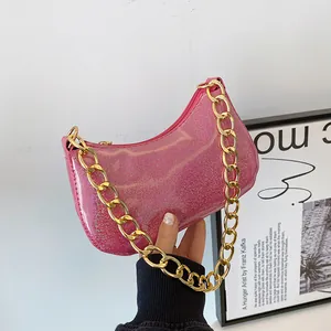 Women Glitter PU Leather Underarm Bag Trendy Thick Gold Chain Holographic Sparkle Baguette Bag Party Daily Shoulder Bag