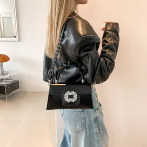 Chic black handbag with crystal buckle and ruched handle for women stylish daily use