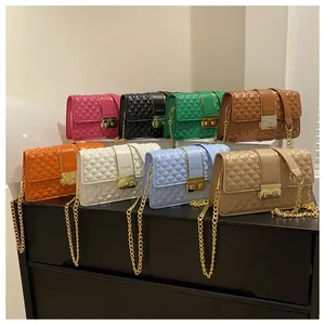 Detailed collection of quilted chain crossbody bags in eight vibrant glossy colors