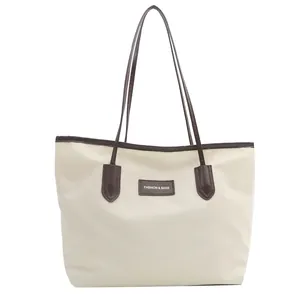 Large capacity oxford fabric tote bag in beige and dark brown minimalist patchwork design