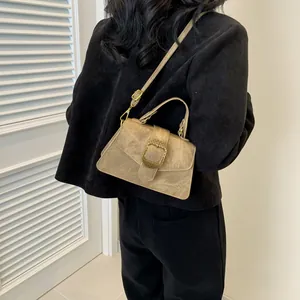 Vintage khaki square handbag with gold buckle and crossbody strap for elegant women