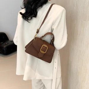 Deep brown crossbody square handbag with retro metal buckle on white suit background