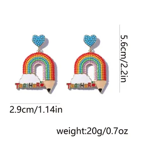Rainbow beaded earrings for teachers with pencil charms and dimensions 5.6cm by 2.9cm