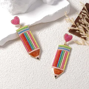 Cute beaded heart and colorful pencil dangle earrings with gold alloy frame for women