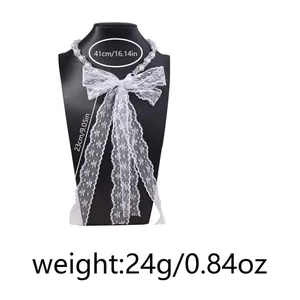 Detailed view of white lace choker necklace with pearls and size measurements