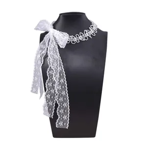 Elegant white lace choker necklace with pearl beads and long ribbon bow for women
