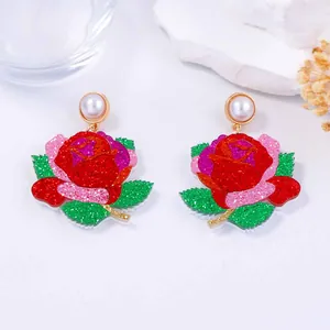 Boucles d'oreilles roses multicouches scintillantes avec paillettes et perles pour femme